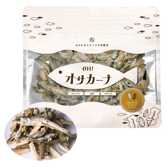 Osacana Fish Almond snack with dried sardines and almonds in wasabi flavor packaging.
