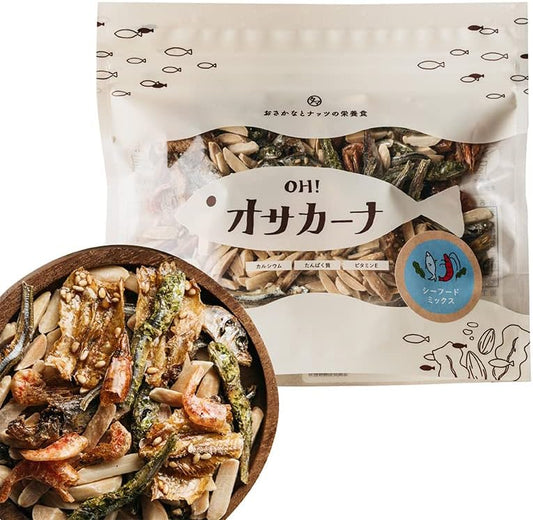 Bag and bowl of Osacana Fish Almond snacks with wasabi flavor, featuring dried sardines, almonds, and other ingredients for adult tastes.