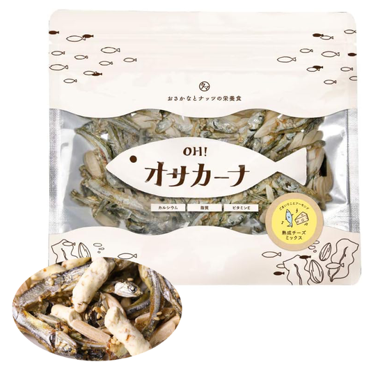 Osacana Fish Almond with wasabi flavor in packaging, showcasing dried sardine and almond blend.