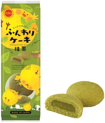 Funwari Japanese steamed cake with smooth cream filling and cute packaging, featuring a moist green tea sponge. Common allergens: wheat, dairy, egg, soybean.