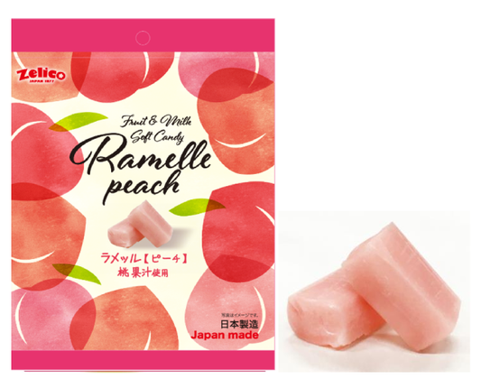 ZELICO Ramelle 桃子水果牛奶軟糖包裝有兩種軟桃味糖果，突出光滑的質地和過敏原。