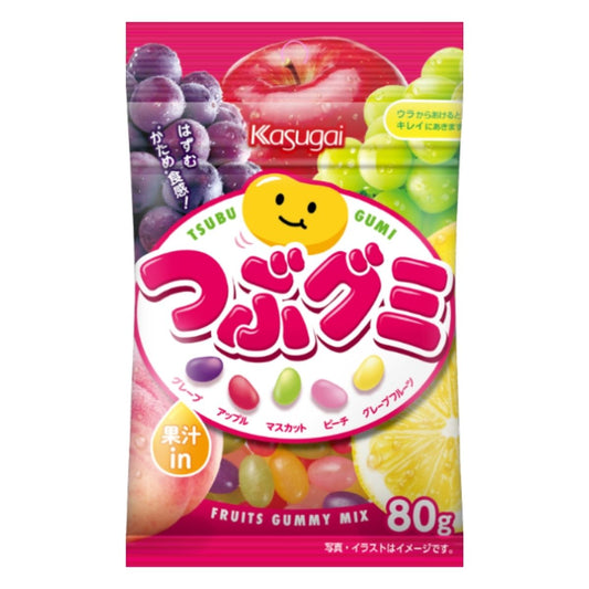 Kasugai Tsubu Gummy Fruits Mix, Japanese assorted gummy candy with grape, apple, muscat, peach and grapefruit flavors