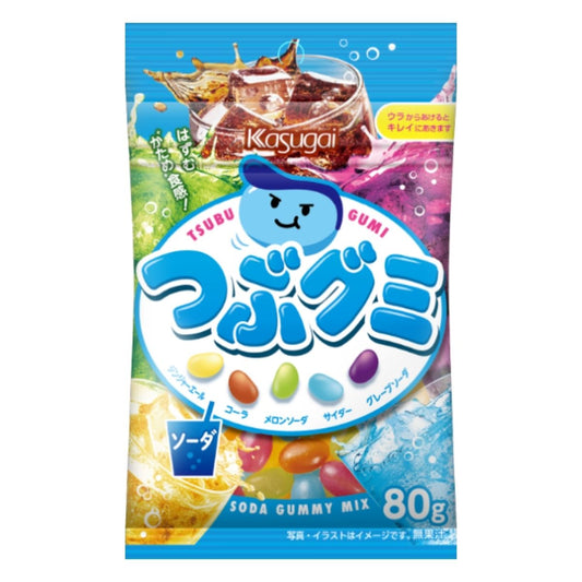 Kasugai Tsubu Gummy Soda Mix, Japanese assorted gummy candy with cola, melon soda, cider, grape soda and ginger ale flavors