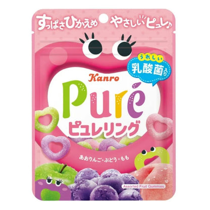 Kanro Pure Ring Assorted Fruit Gummies, heart-shaped gummy candy with apple, grape and peach flavors