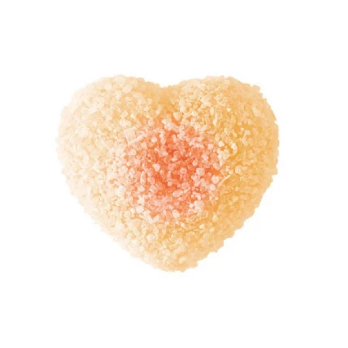 Heart-shaped Hakuto peach gummy candy with a sparkling sugar coating and juicy white peach flavor
