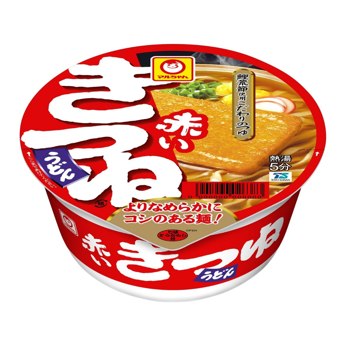 The front of the packaging for Toyo Suisan's Akai Kitsune Udon. The red cup has the words "Akai Kitsune" in large letters.