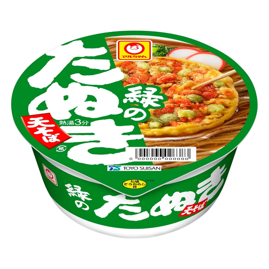 The front of the package for Toyo Suisan’s “Midori no Tanuki.” The words “Midori no Tanuki” are printed in large letters on the green cup.