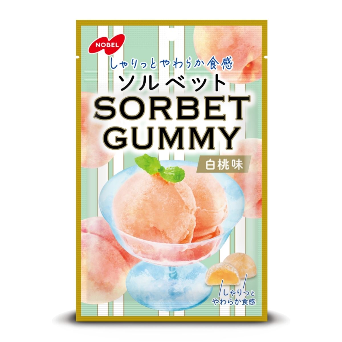 Nobel Sorbet Gummy White Peach, Japanese gummy candy with sweet white peach flavor and a soft sorbet-like texture