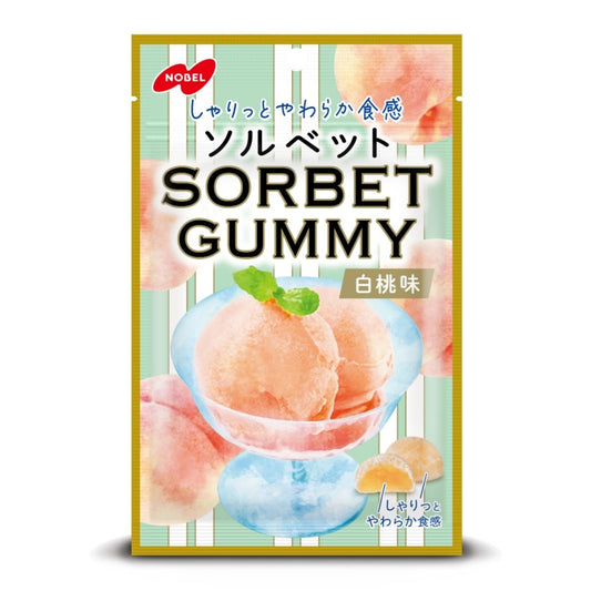 Nobel Sorbet Gummy White Peach, Japanese gummy candy with sweet white peach flavor and a soft sorbet-like texture