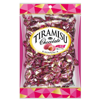 Tiramisu chocolate strawberry flavor in pink packaging.