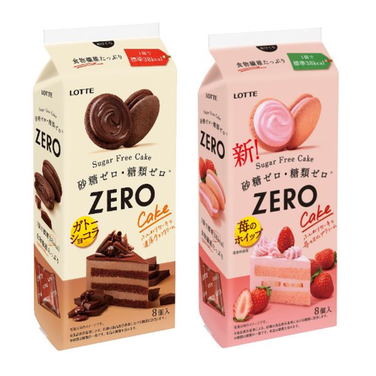 LOTTE ZERO Sugar Free Cake featuring Gateau Chocolat and Whipped Strawberry flavors, 8 pieces, sugar-free and allergen information included.