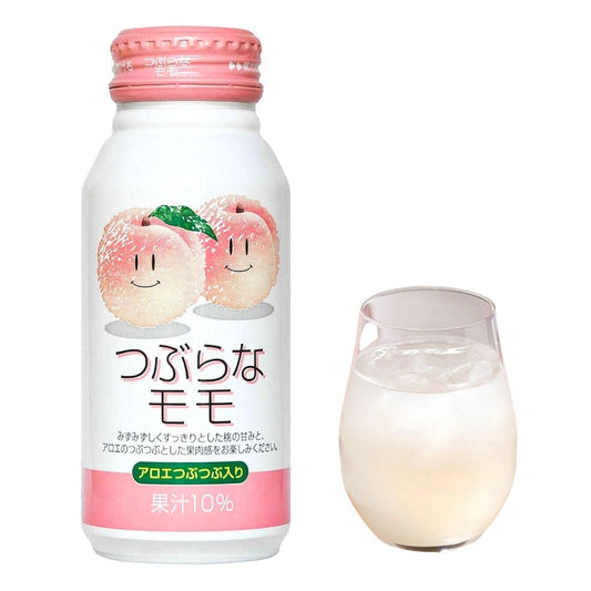 Tsuburana Momo peach drink, Japanese fruit beverage with peach juice and aloe pulp, served chilled over ice