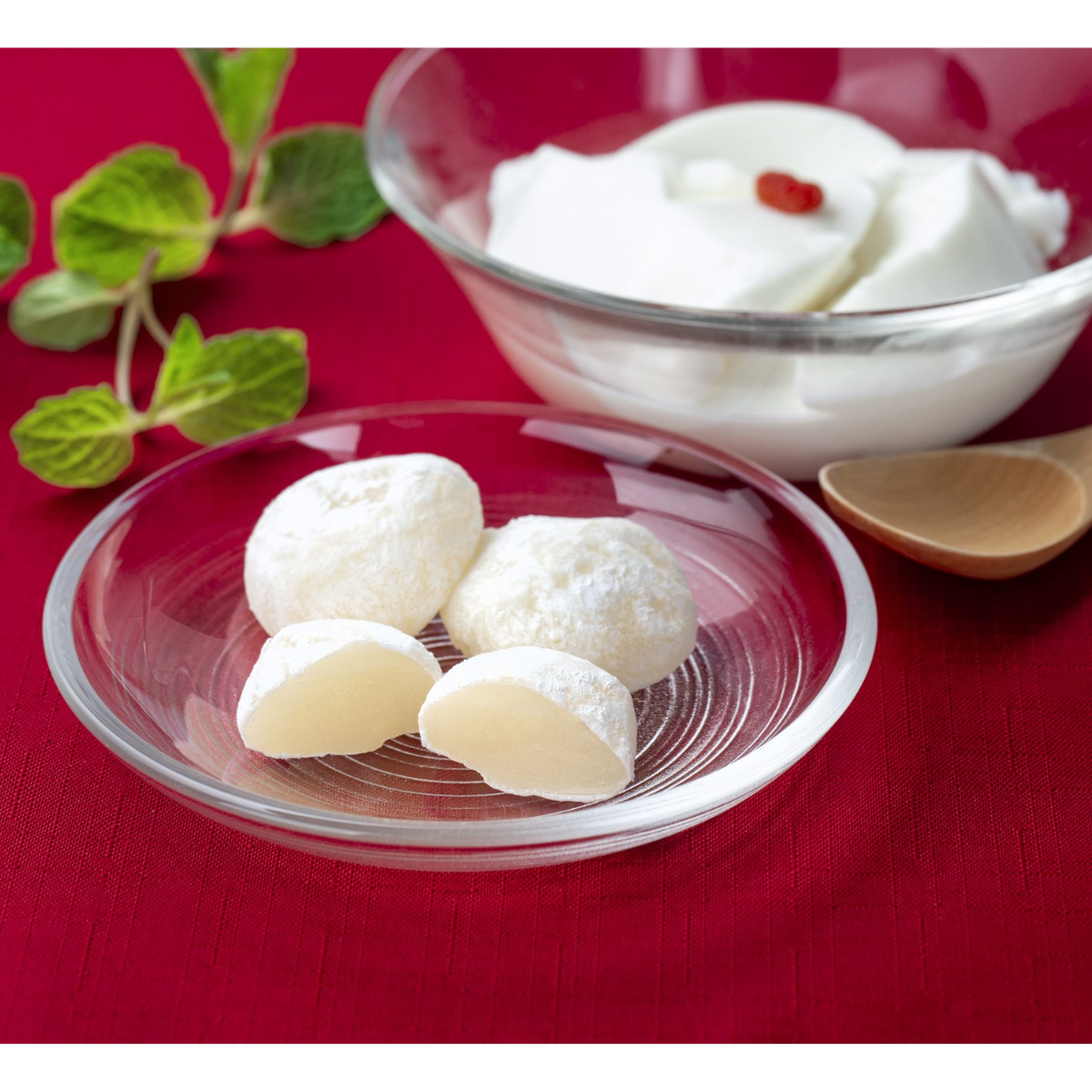 Almond tofu mochi, soft chewy Japanese rice cake candy with almond tofu flavor