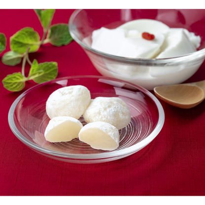 Almond tofu mochi, soft chewy Japanese rice cake candy with almond tofu flavor