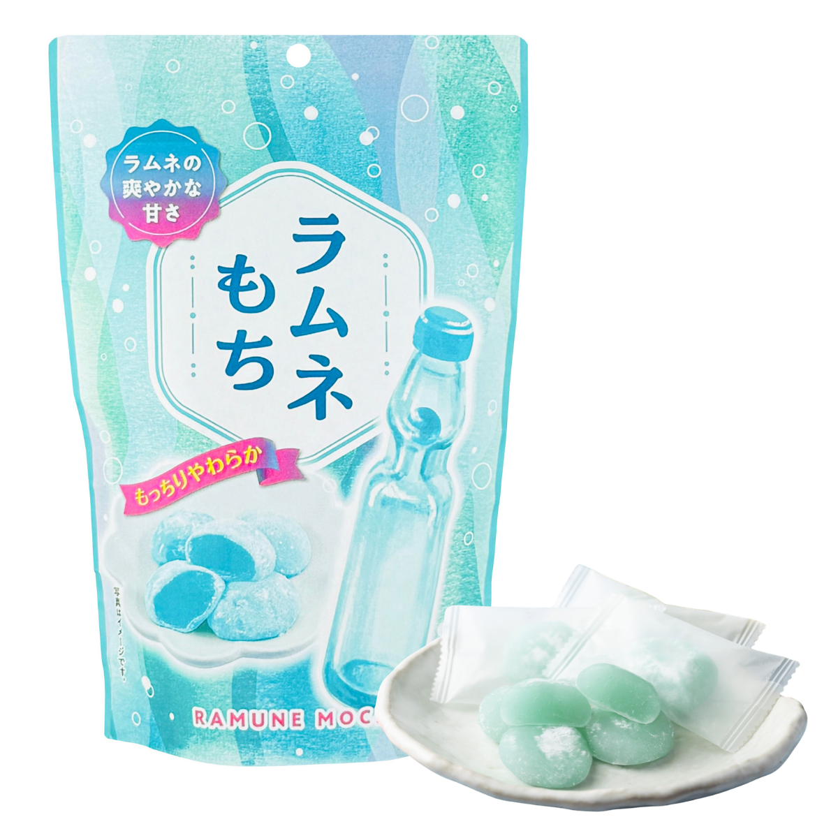 Japanese Ramune Mochi, soft chewy rice cake candy with refreshing ramune soda flavor, authentic imported Japanese confectionery