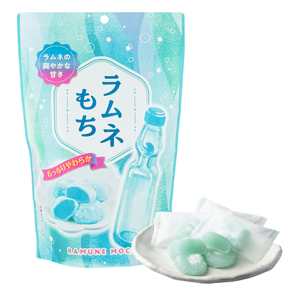 Japanese Ramune Mochi, soft chewy rice cake candy with refreshing ramune soda flavor, authentic imported Japanese confectionery