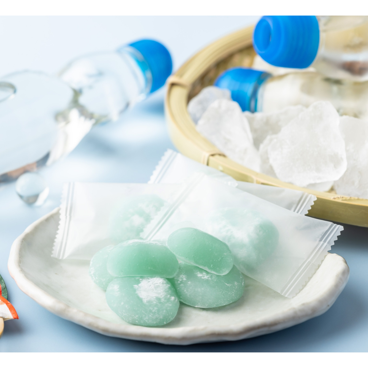 Ramune mochi, soft chewy Japanese rice cake candy with refreshing ramune soda flavor
