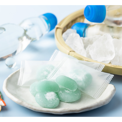 Ramune mochi, soft chewy Japanese rice cake candy with refreshing ramune soda flavor