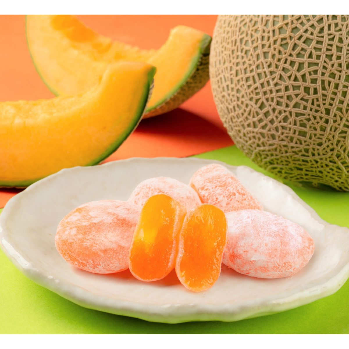 Melon mochi, soft chewy Japanese rice cake candy with sweet melon flavor