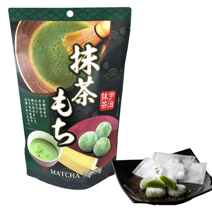 Premium Uji Matcha Mochi from Japan, soft chewy mochi candy filled with rich matcha green tea cream, authentic Japanese confectionery