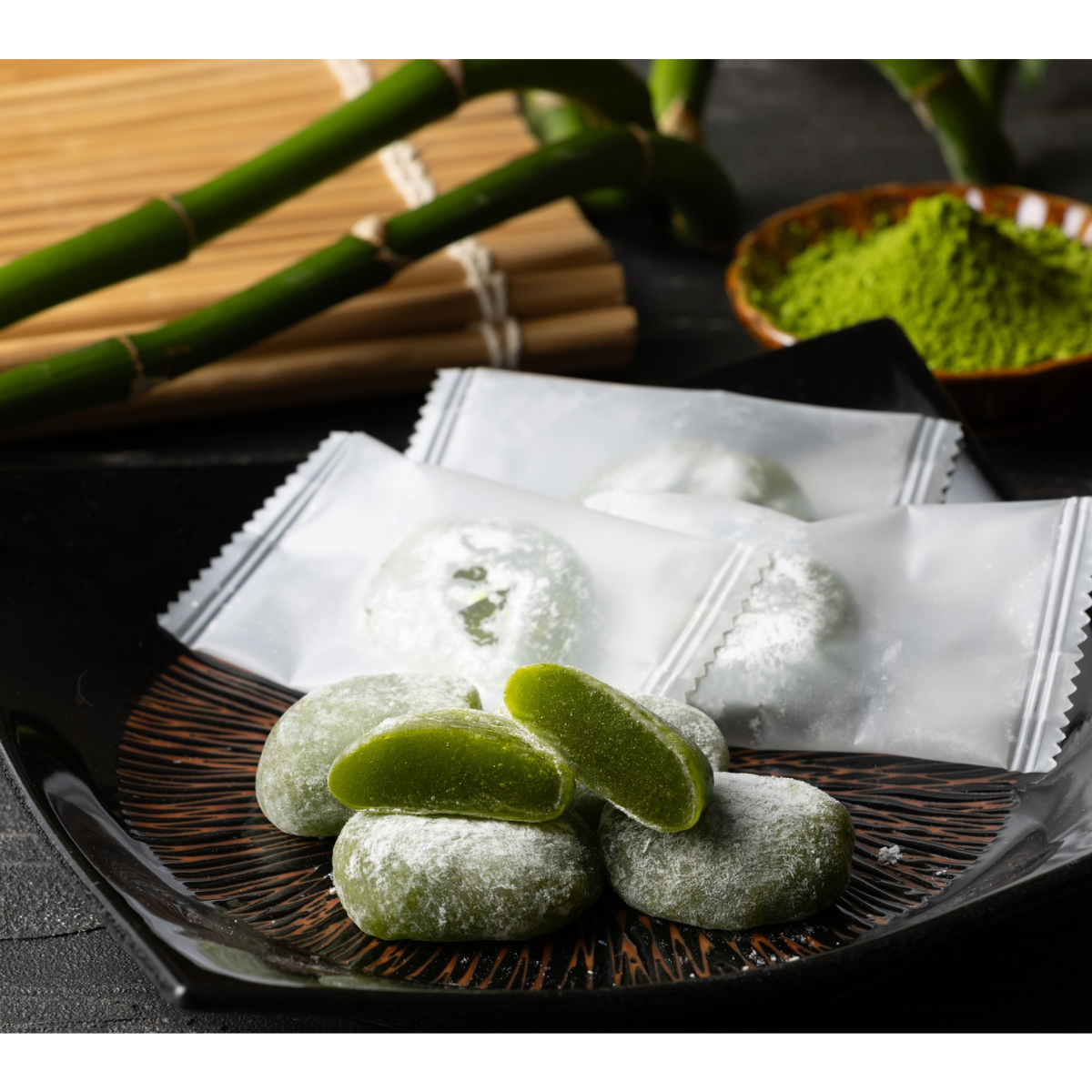 Premium Japanese matcha mochi candy, soft rice cakes with rich Uji green tea filling and delicate chewy texture