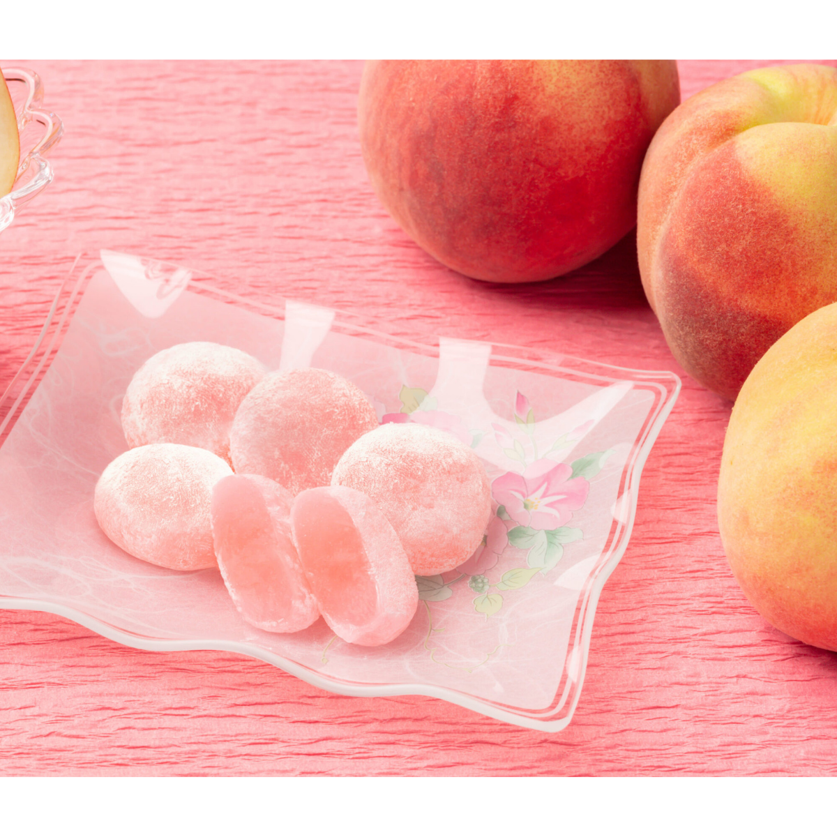 White peach mochi, soft chewy Japanese rice cake candy with sweet peach flavor