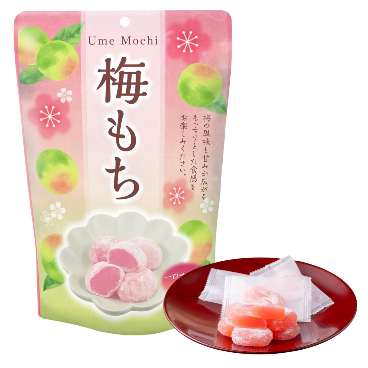 Japanese Ume Mochi, soft chewy rice cake candy with sweet and tangy ume plum flavor, authentic imported Japanese confectionery