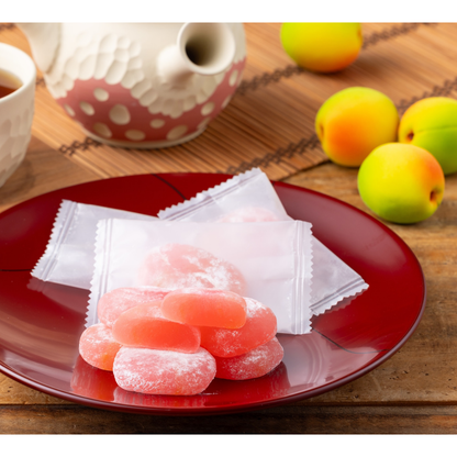 Ume mochi, soft chewy Japanese rice cake candy with sweet and tangy ume plum flavor