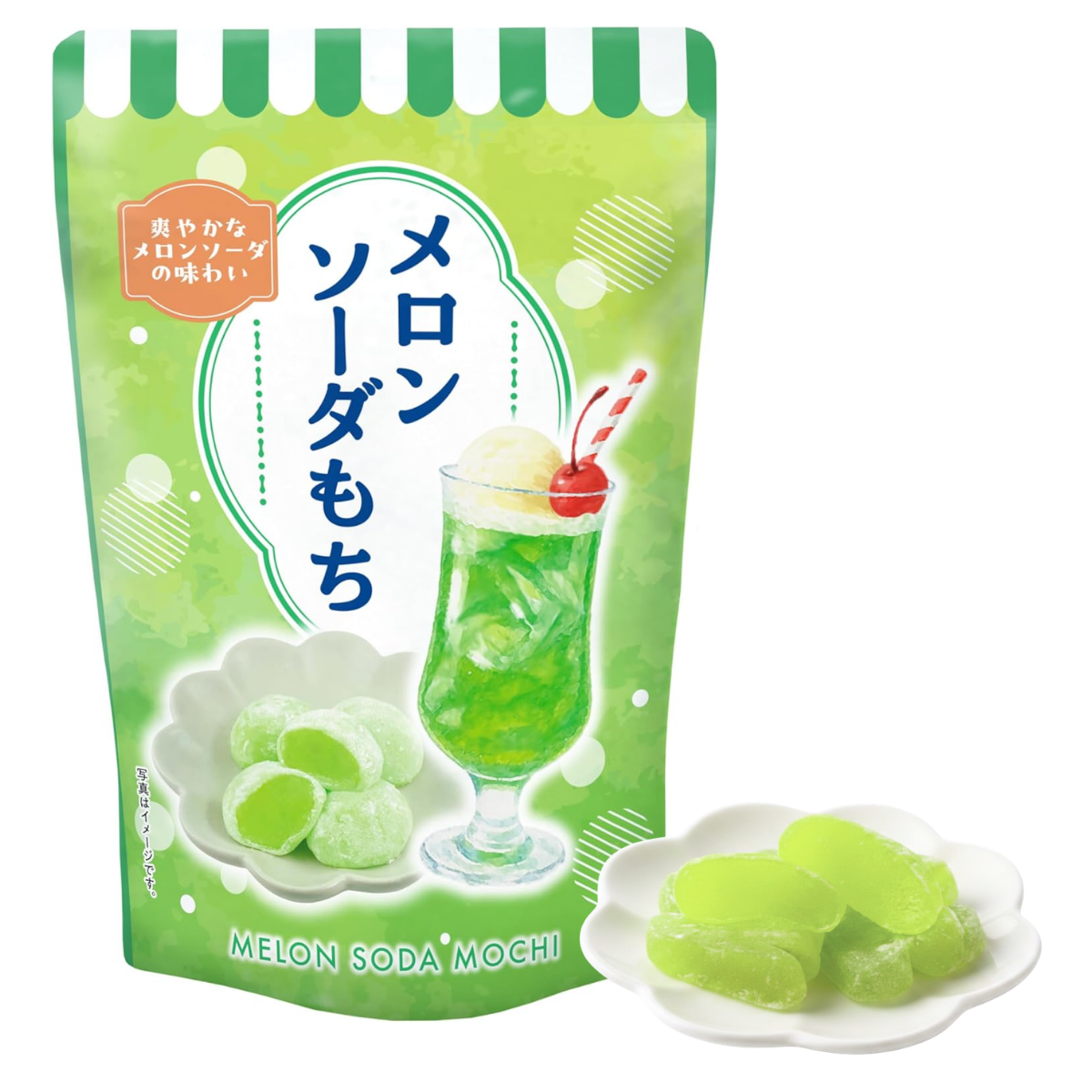 Japanese Melon Soda Mochi, soft chewy rice cake candy with refreshing melon soda flavor, authentic imported Japanese confectionery