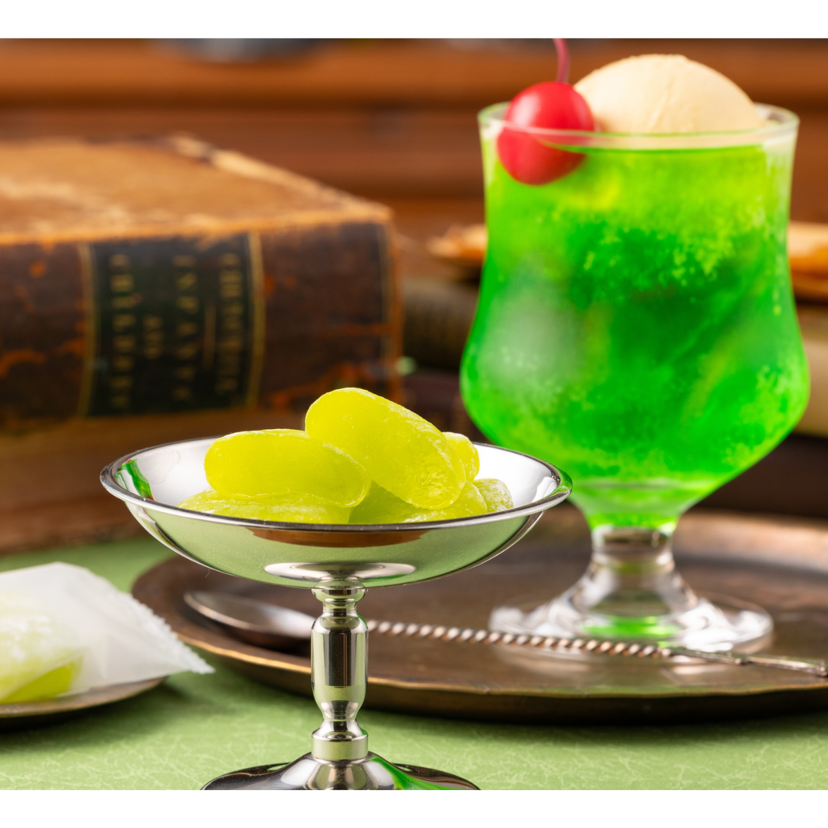 Melon soda mochi, soft chewy Japanese rice cake candy with refreshing melon soda flavor