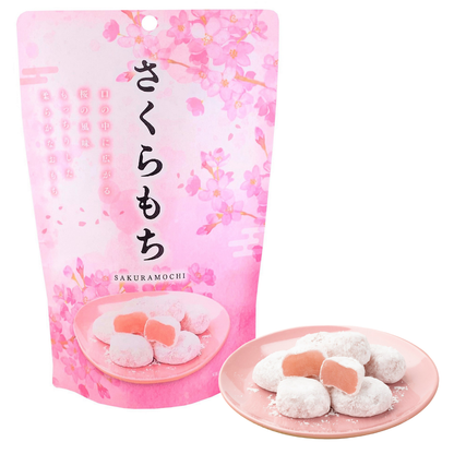 Japanese Sakura Mochi, soft chewy rice cake candy with delicate cherry blossom flavor, authentic imported Japanese confectionery