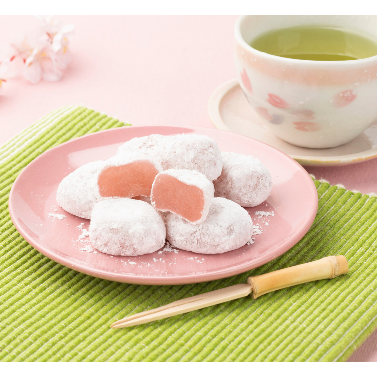 Sakura mochi, soft chewy Japanese rice cake candy with delicate cherry blossom flavor