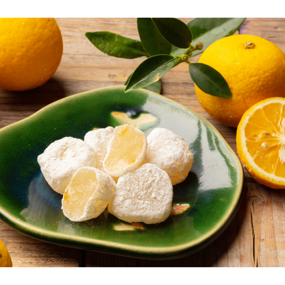 Yuzu mochi, soft chewy Japanese rice cake candy with refreshing yuzu citrus flavor