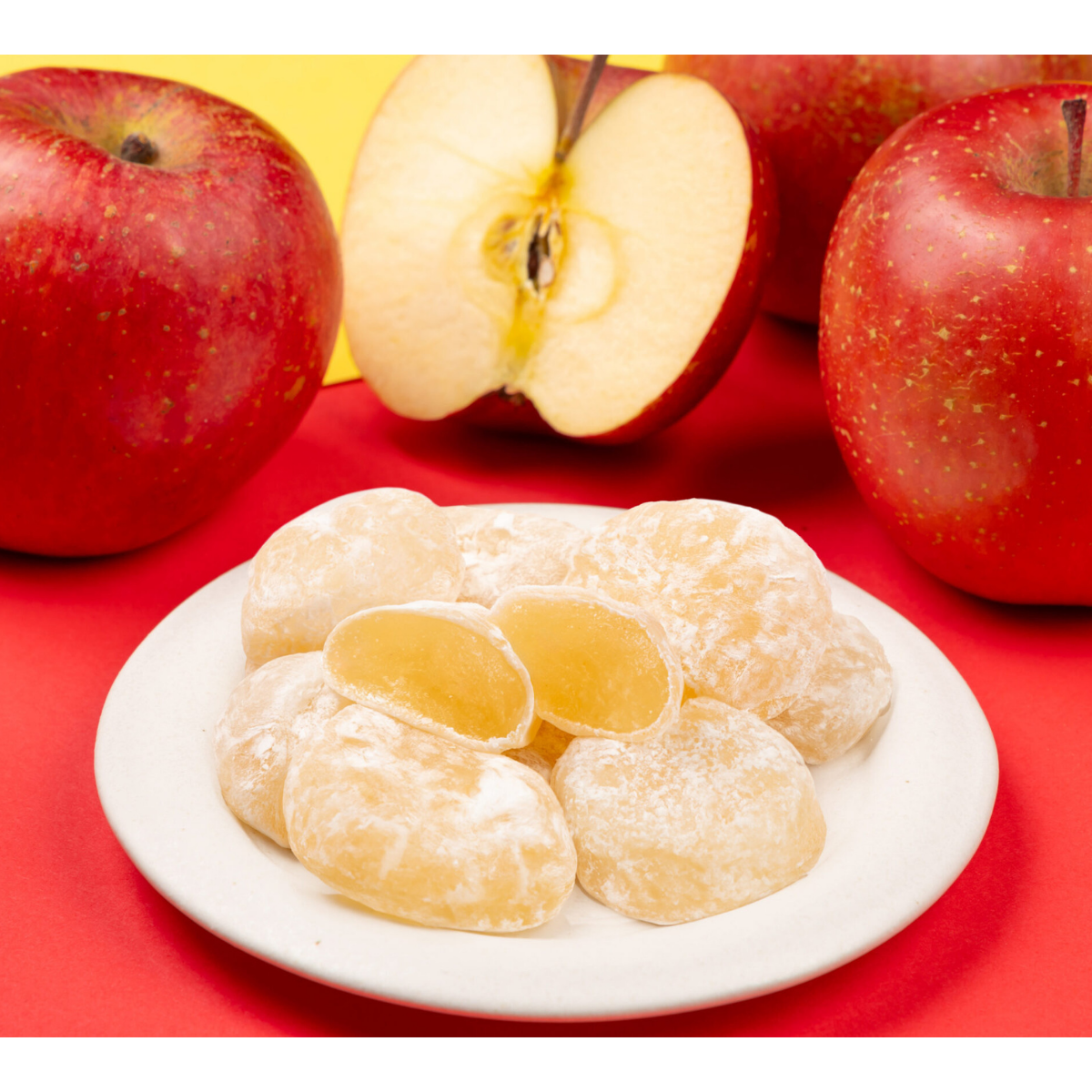Premium Japanese apple mochi candy, soft chewy rice cakes with sweet apple filling and delicate mochi texture