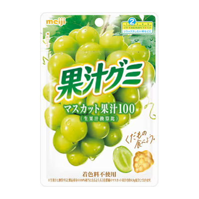 The front of the Meiji Fruit Juice Gummy Muscat flavor package features an illustration of a light green muscat grape and a label that reads "100% Muscat Juice."